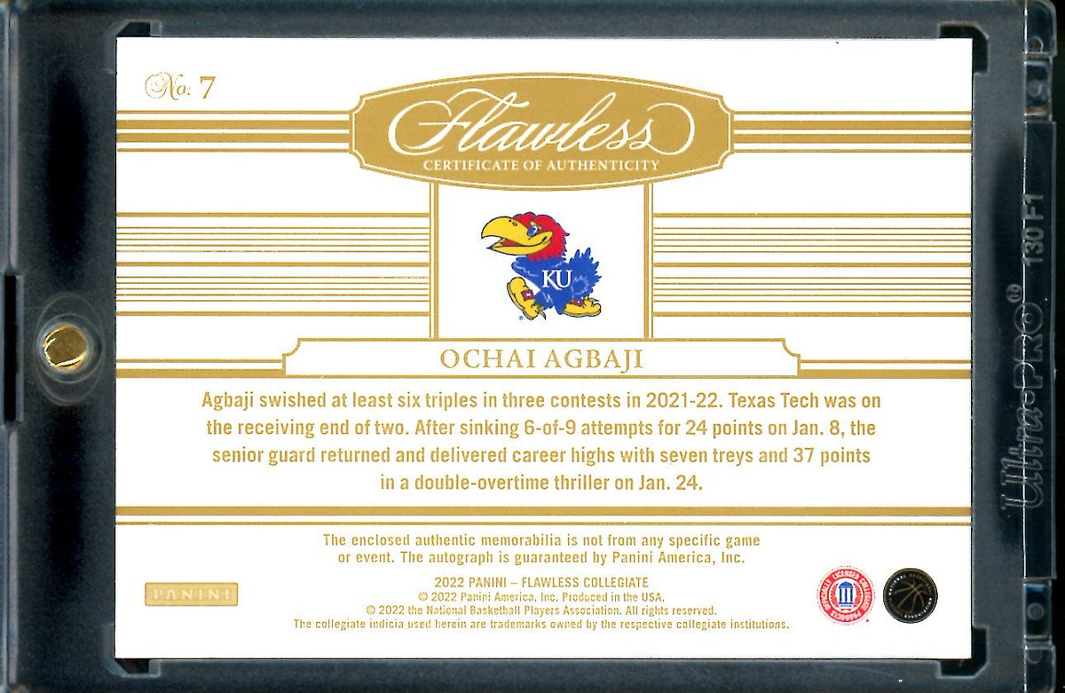 2022/23 Panini Flawless Collegiate Ochai Agbaji Rookie RPA Logo 1/1 Kansas