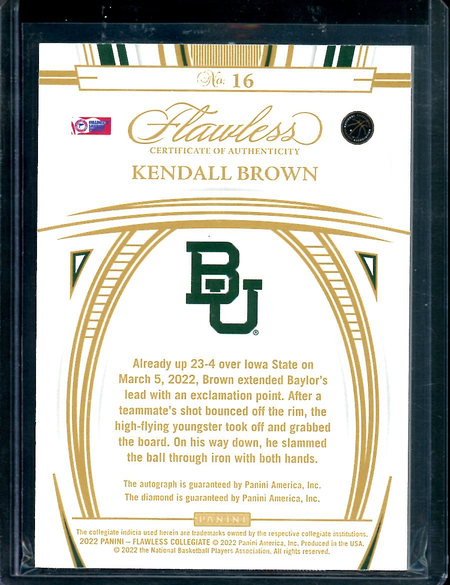 2022/23 Panini Flawless Collegitae Kendall Brown Rookie Auto Gold /5 Baylor