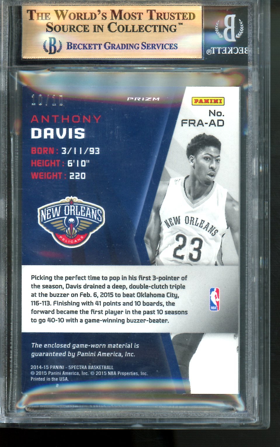 2014/15 Panini Spectra Anthony Davis Franchise Faberics Gold /10 BGS 9.5 Lakers