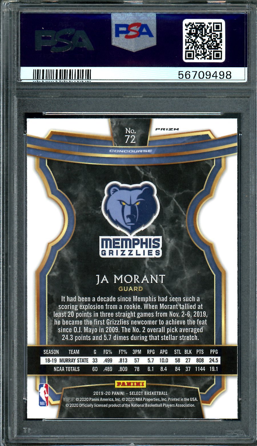 2019/20 Panini Select Ja Morant Rookie Silver Prizm PSA 9 Grizzlies