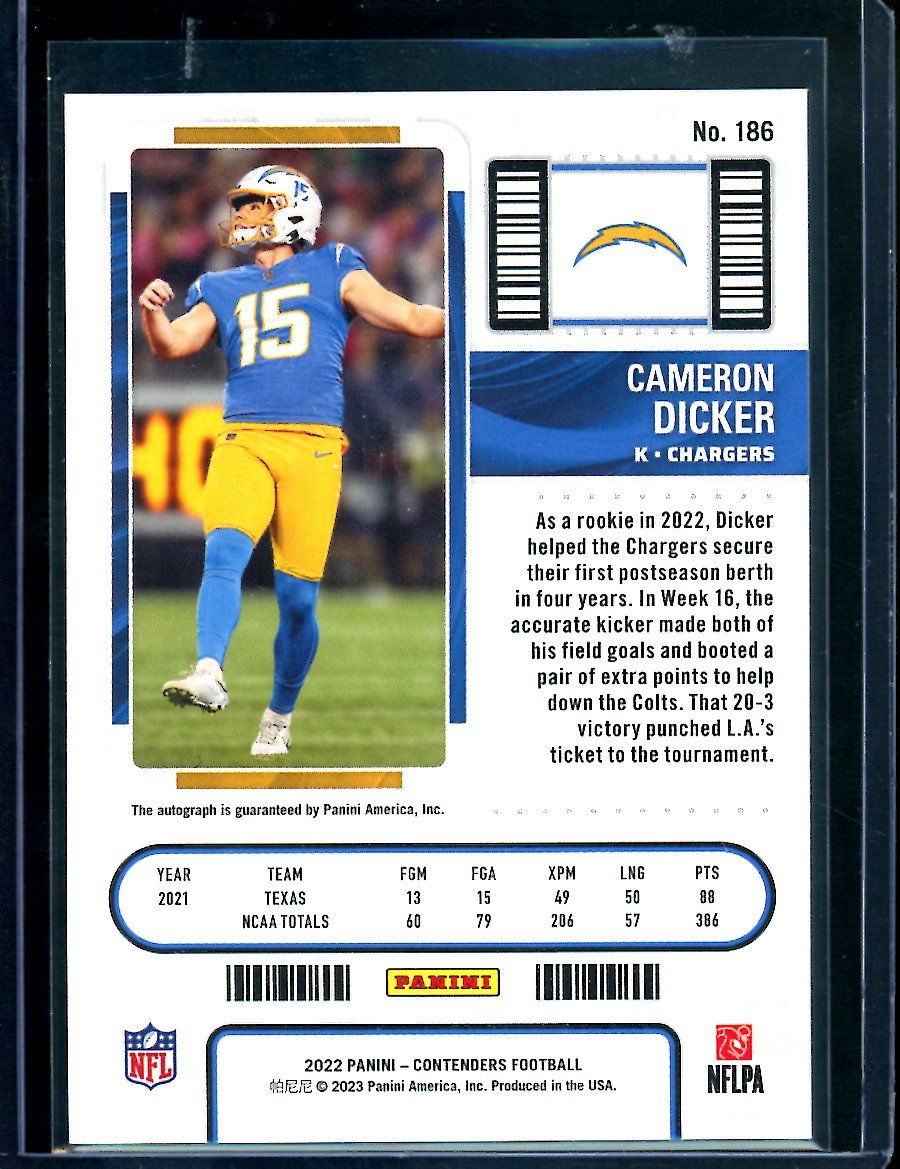 2022 Panini Contenders Cameron Dicker Rookie Showcase Ticket Auto Chargers
