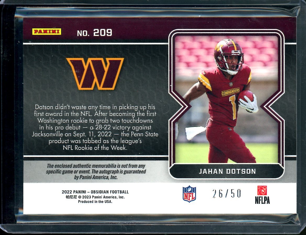 2022 Panini Obsidian Jahan Dotson Rookie RPA Green Etch /50 Commanders