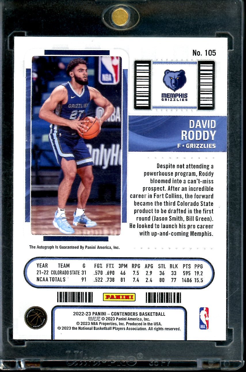 2022/23 Panini Contenders David Roddy Rookie Ticket Auto Cracked Ice /25 Grizzlies