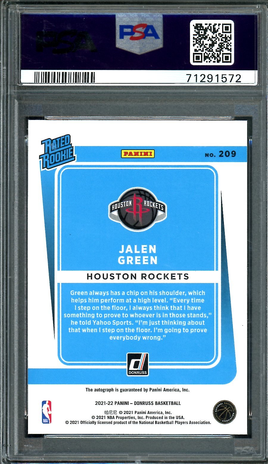 2021/22 Panini Donruss Jalen Green Rookie Auto Choice PSA 9/10 Rockets