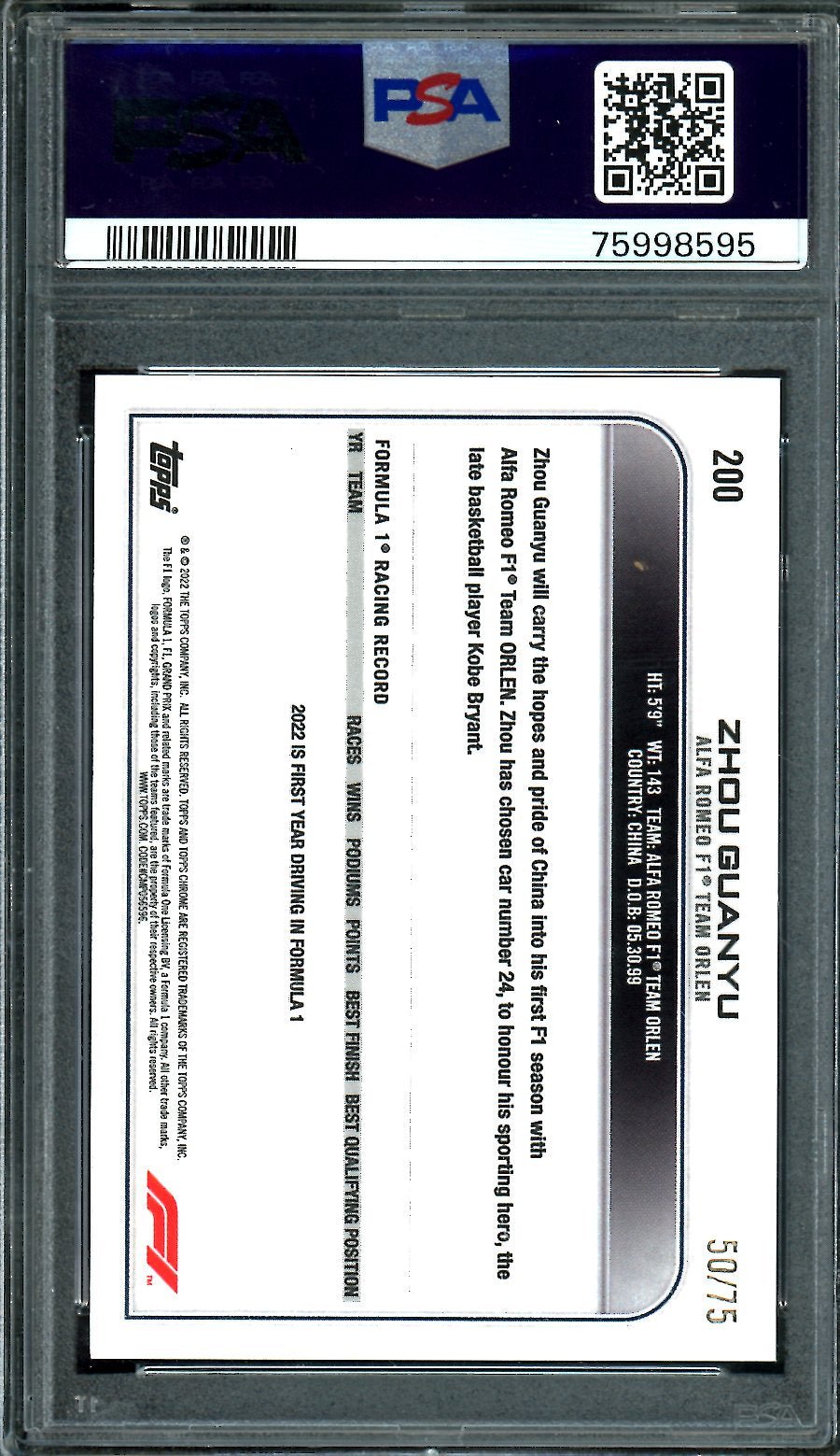 2022 Topps Chrome Guanyu Zhou Pink Raywave /75 PSA 10 Alfa Romeo