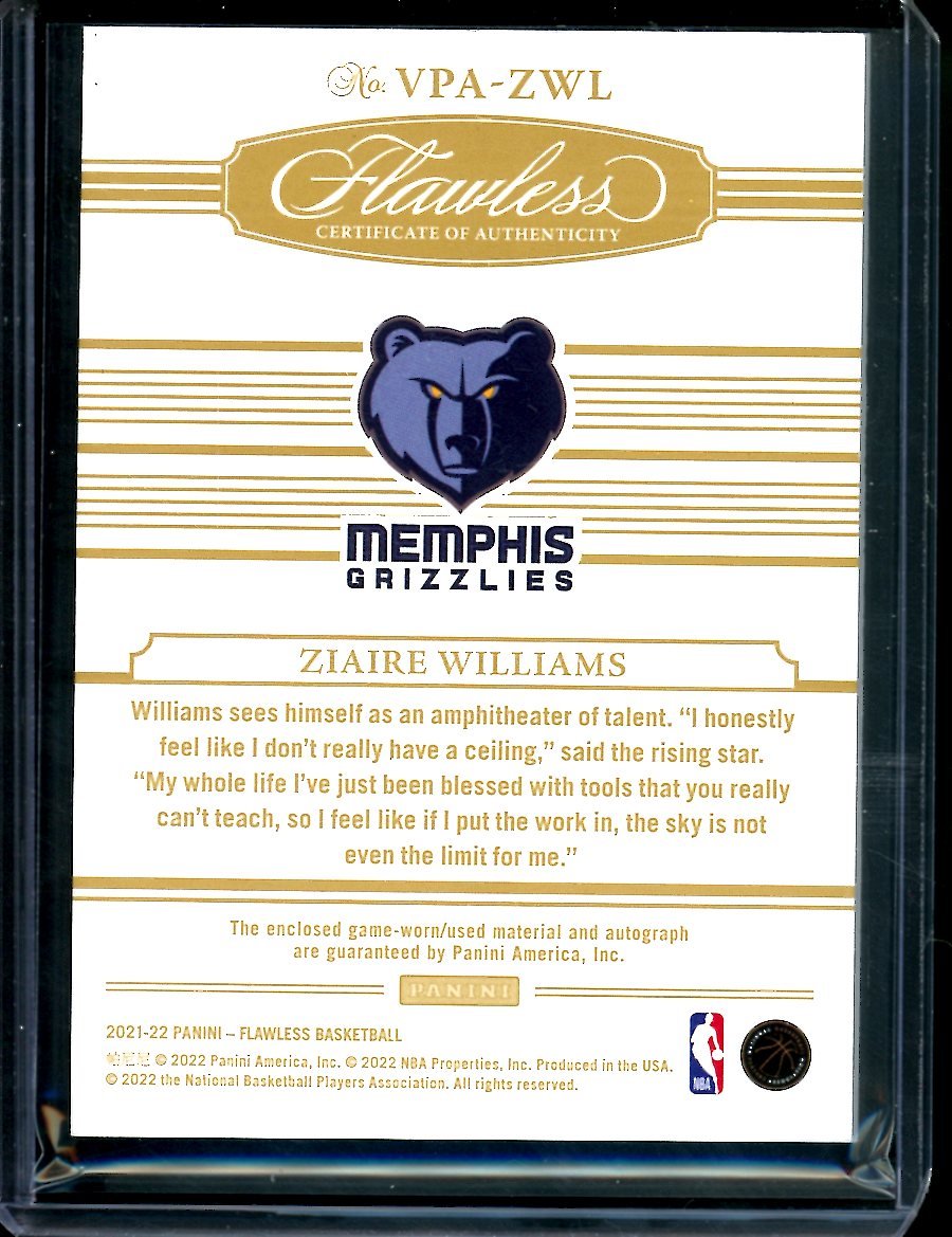 2021/22 Panini Flawless Ziare Williams Rookie Auto RPA /15 Grizzlies