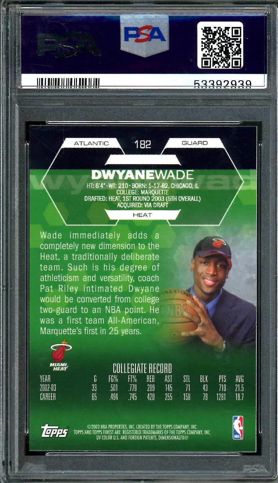 2002 Topps Finest Dwayne Wade Rookie PSA 9 Heat