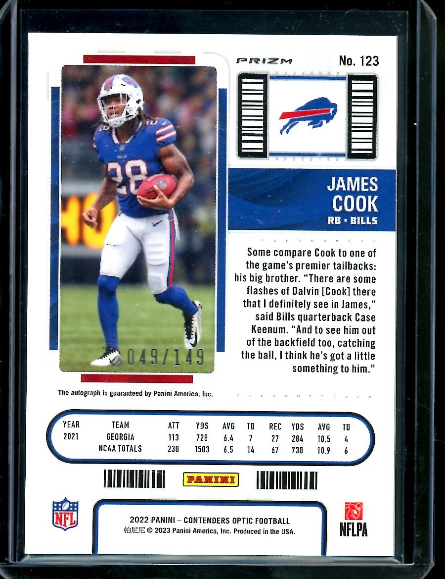 2022 Panini Contenders Optic James Cook Rookie Auto Red /149 Bills