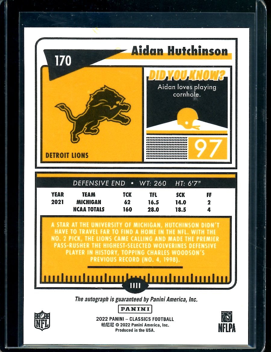 2022 Panini Classics Aidan Hutchinson Rookie Auto Lions
