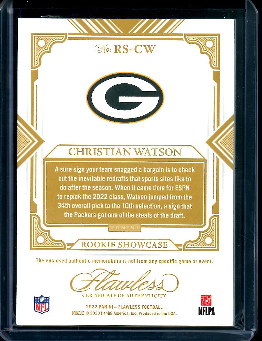 2022 Panini Flawless Christian Watson Rookie Showcase Patch Gold /25 Packers