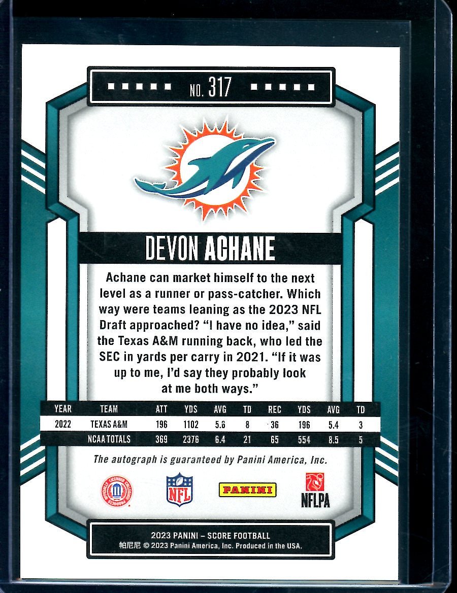 2023 Panini Score De'von Achane Rookie Auto Dolphins
