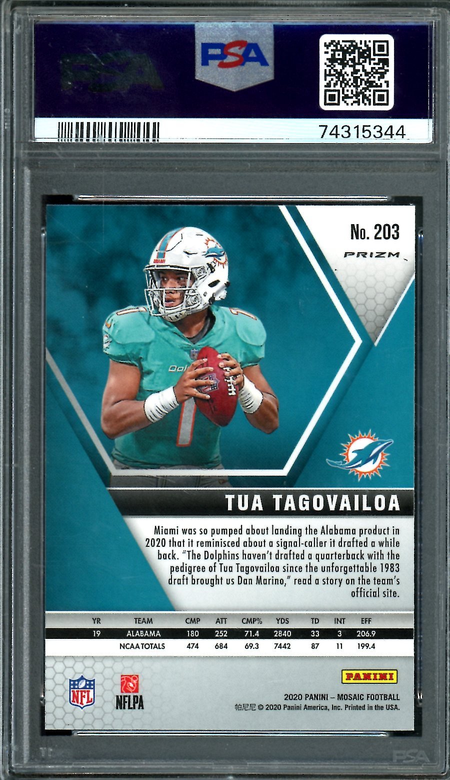 2020 Panini Mosaic Tua Tagovailoa Rookie Green Mosaic PSA 10 Dolphins