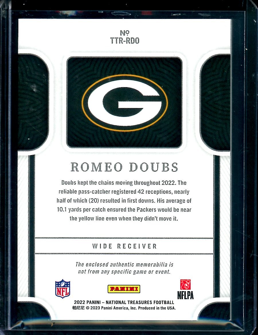 2022 Panini National Treasures Romeo Doubs Rookie Tremendous Treasures Patch /25 Packers