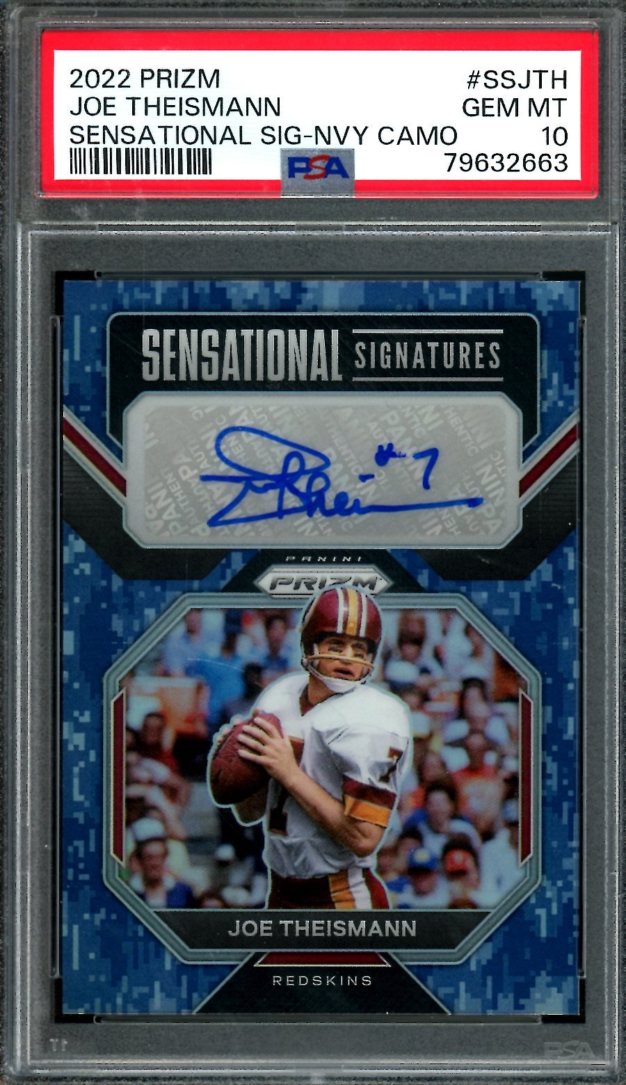 2022 Panini Prizm Joe Theismann Sensational Signatures Navy Camo /25 PSA 10 Redskins