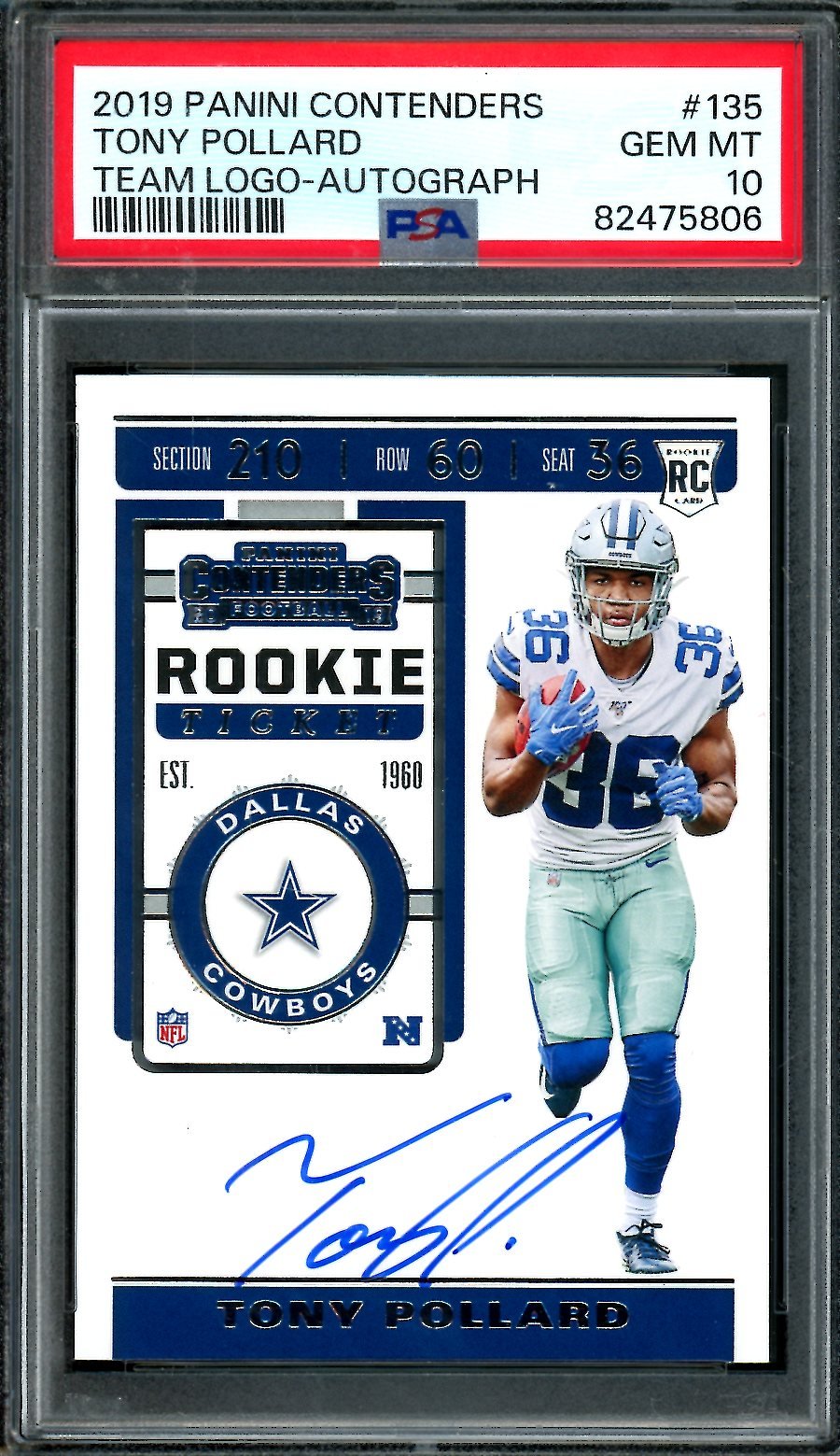 2019 Panini Contenders Tony Pollard Rookie Team Logo Autograph PSA 10 Cowboys