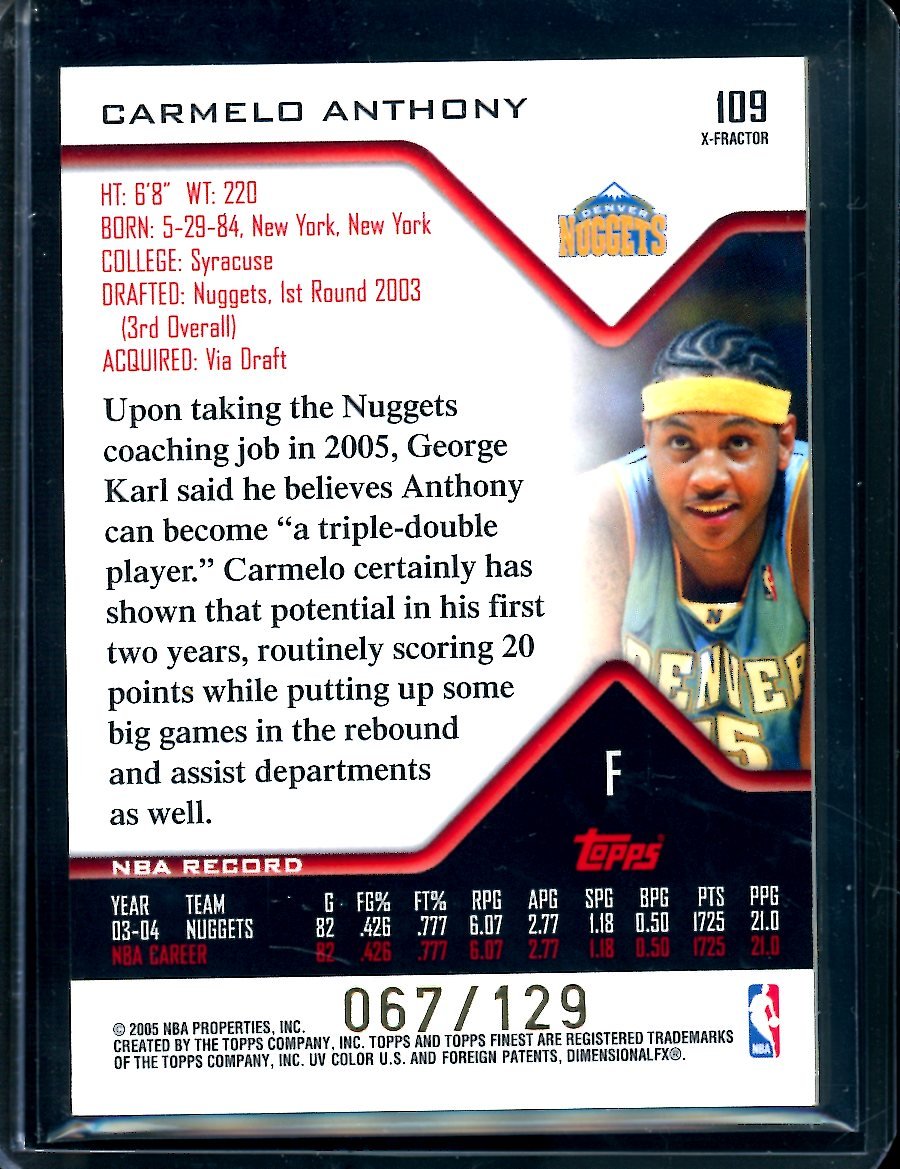 2005 Topps Finest Carmelo Anthony X-Fractor Game Worn Patch /129 Nuggets