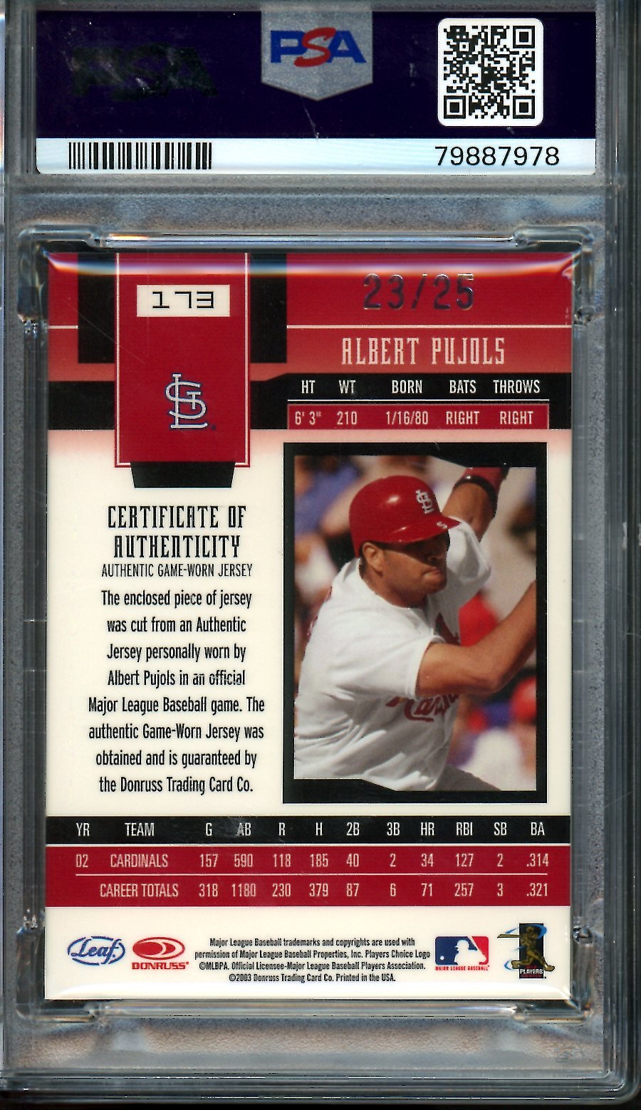 2003 Leaf Certified Materials Albert Pujols Mirror Gold Patch /25 Authentic Cardinals
