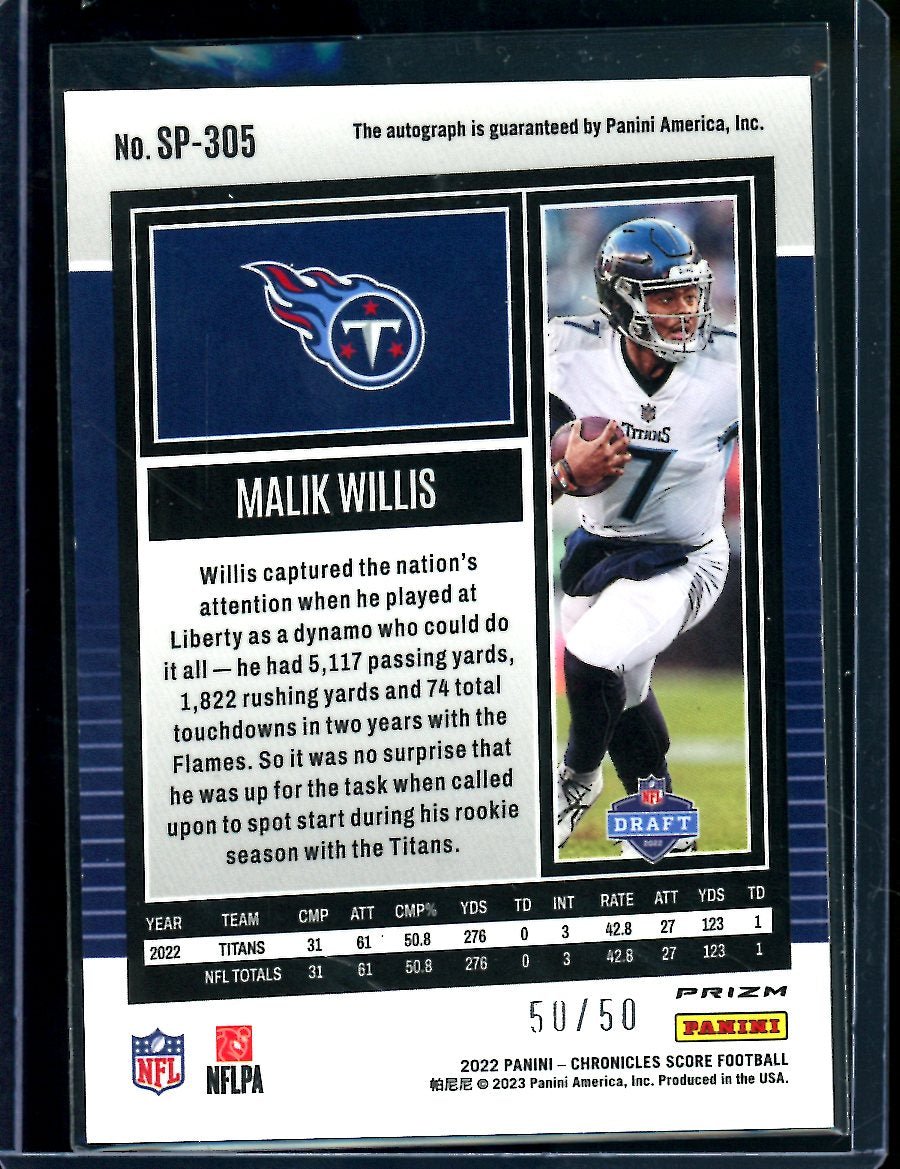 2022 Panini Chronicles Score Malik Willis Rookie Auto Gold /50 Titans