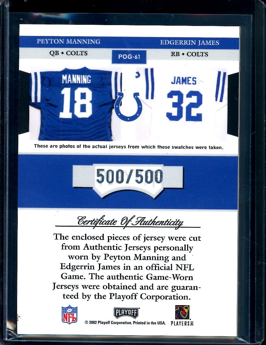 2002 Panini Playoff Peyton Manning/Edgerrin James Team Connections Dual Patch /500 Colts