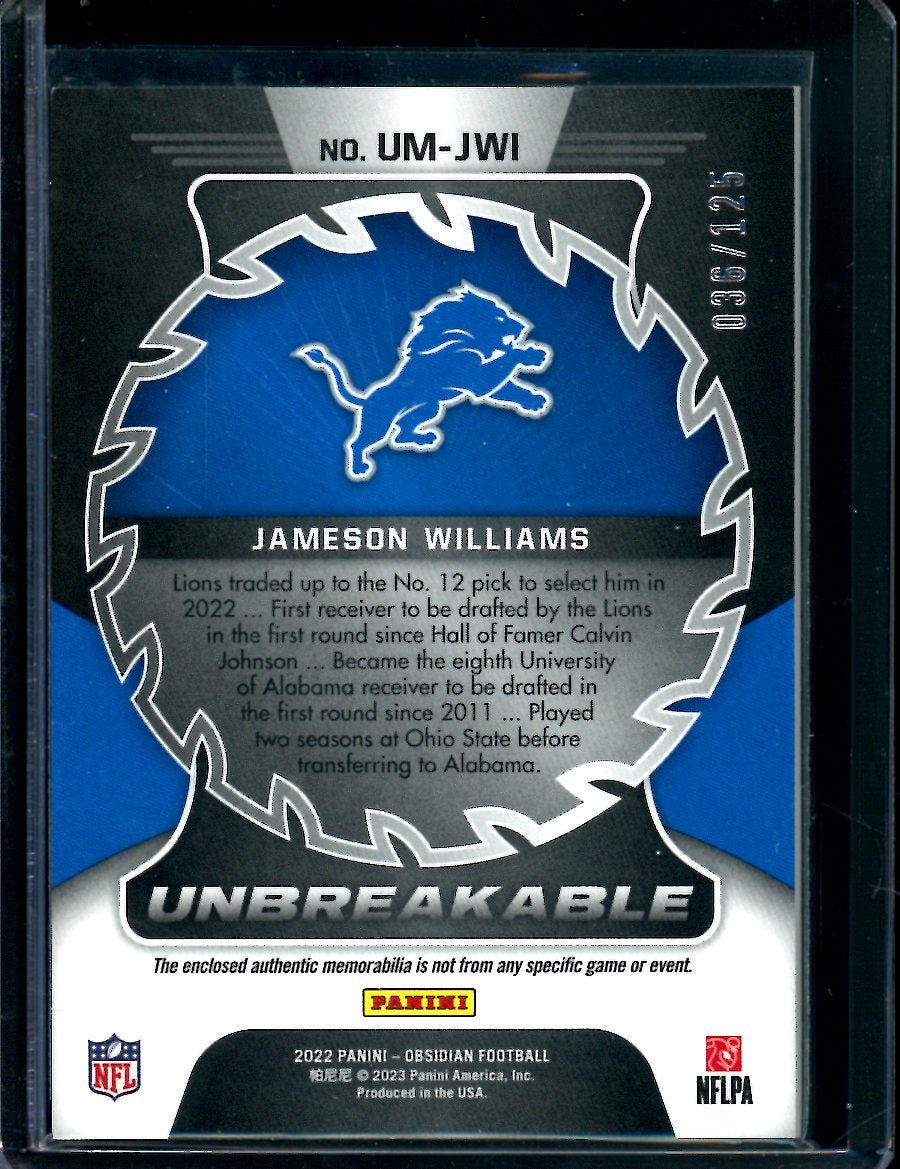 2022 Panini Obsidian Jameson Williams Rookie Unbreakable Patch /125 Lions