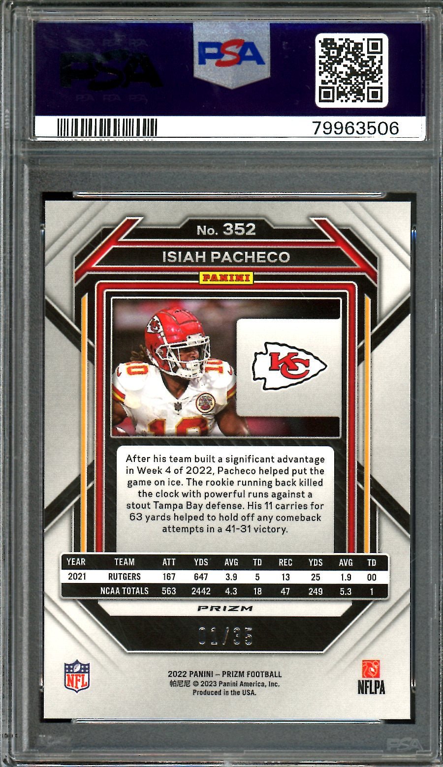 2022 Panini Prizm Isiah Pacheco Rookie Purple Disco /35 PSA 9 Chiefs