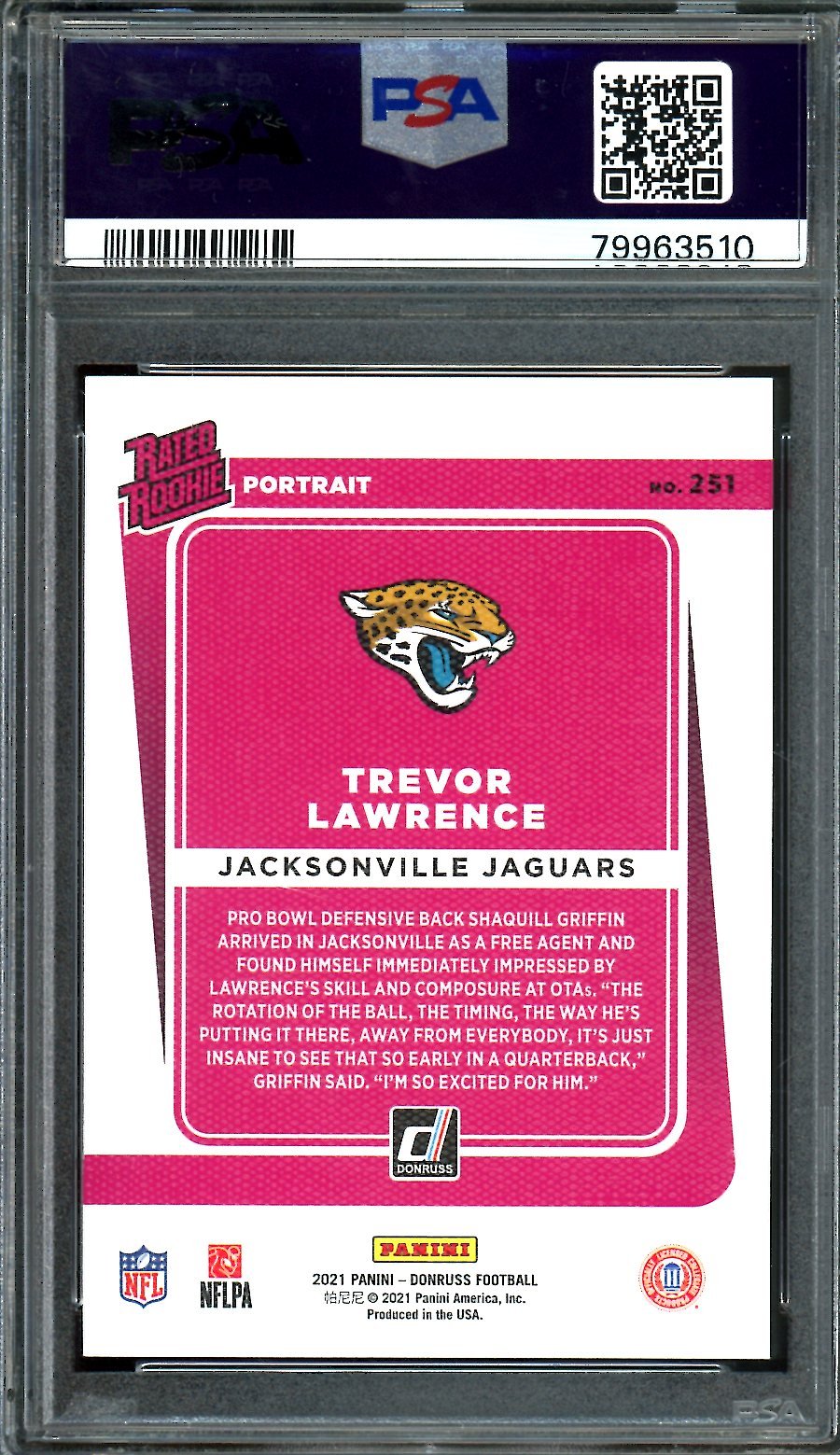 2021 Panini Donruss Trevor Lawrence Rated Rookie Portrait PSA 10 Jaguars
