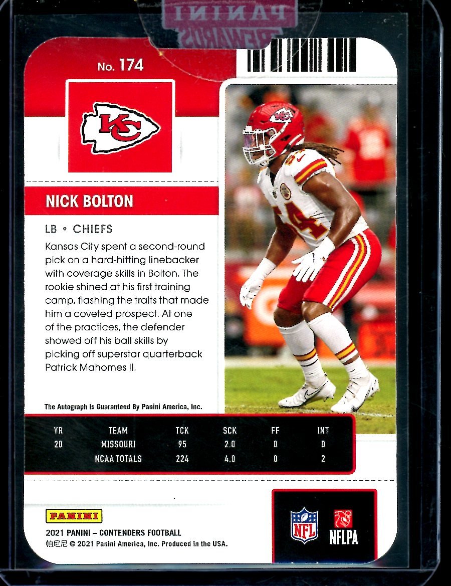 2021 Panini Contenders Nick Bolton Rookie Ticket Stub Auto /54 Chiefs