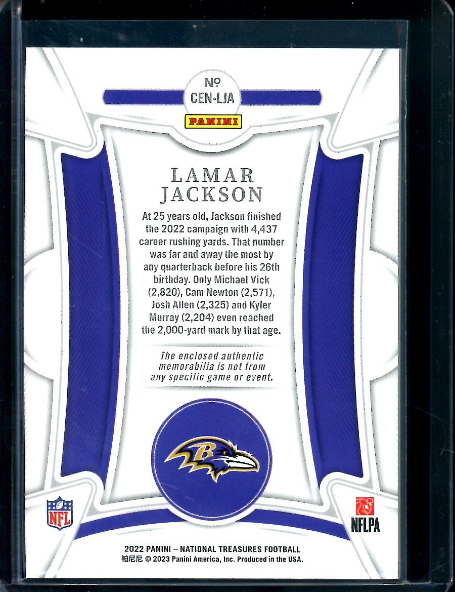 2022 Panini National Treasures Lamar Jackson Century Materials Patch Gold /10 Ravens