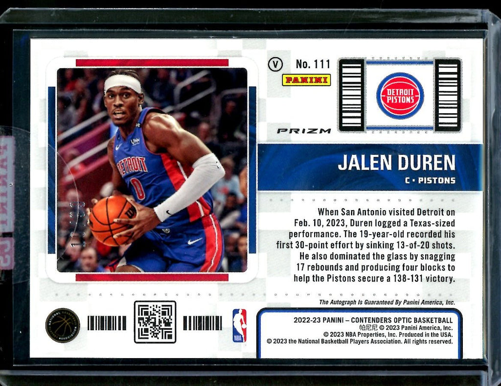 2022/23 Panini Contenders Optic Jalen Duren Rookie Ticket Auto Red Variation Pistons