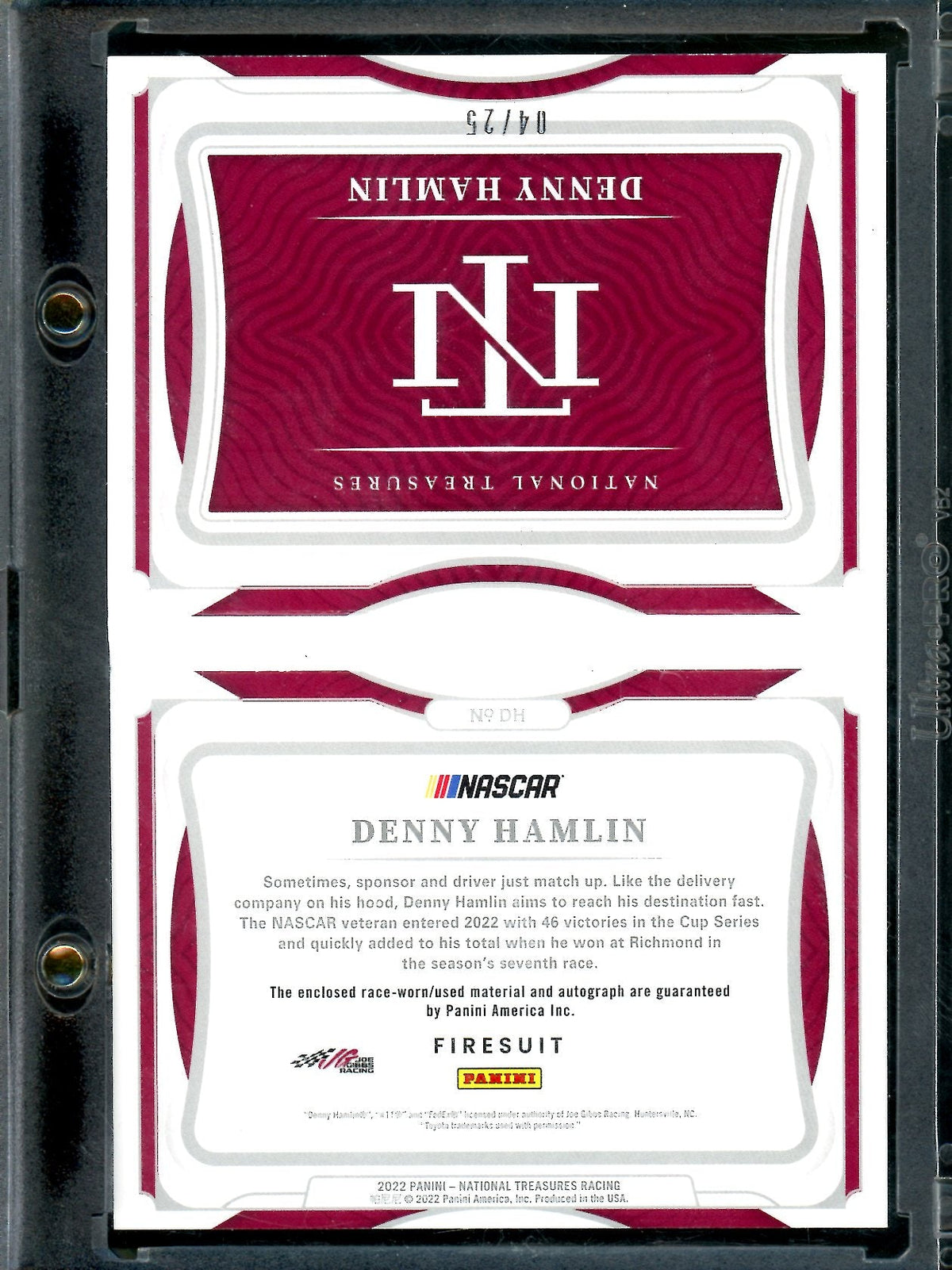 2022 Panini National Treasures Denny Hamiln Firesuit Booklet Patch Auto /25 NASCAR