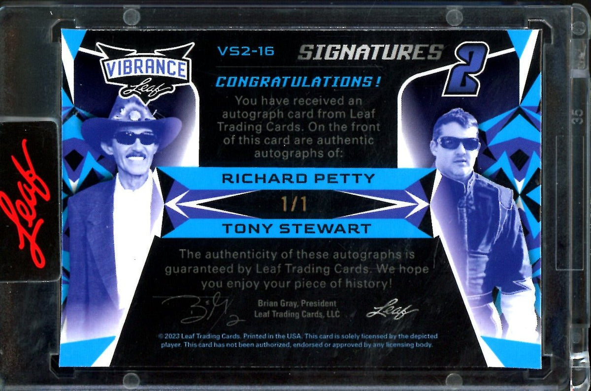 2023 Leaf Vibrance Richard Petty/Tony Stewart Dual Auto Red Shimmer 1/1 NASCAR