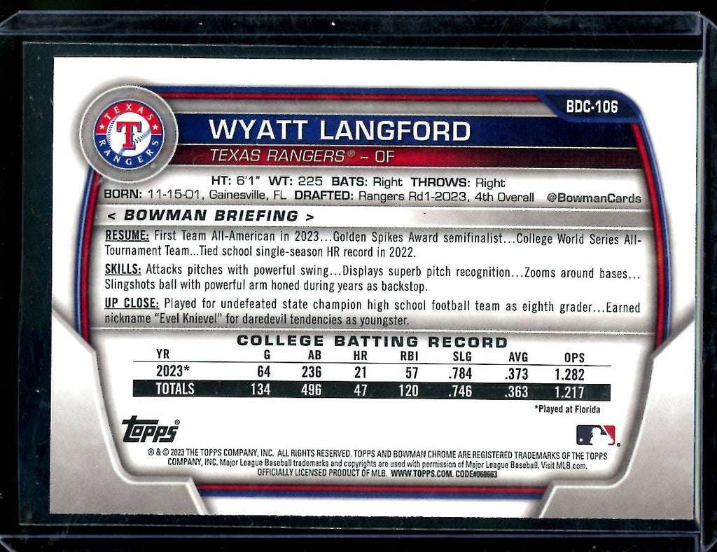 2023 Bowman Chrome Wyatt Langford 1st Bowman Rangers