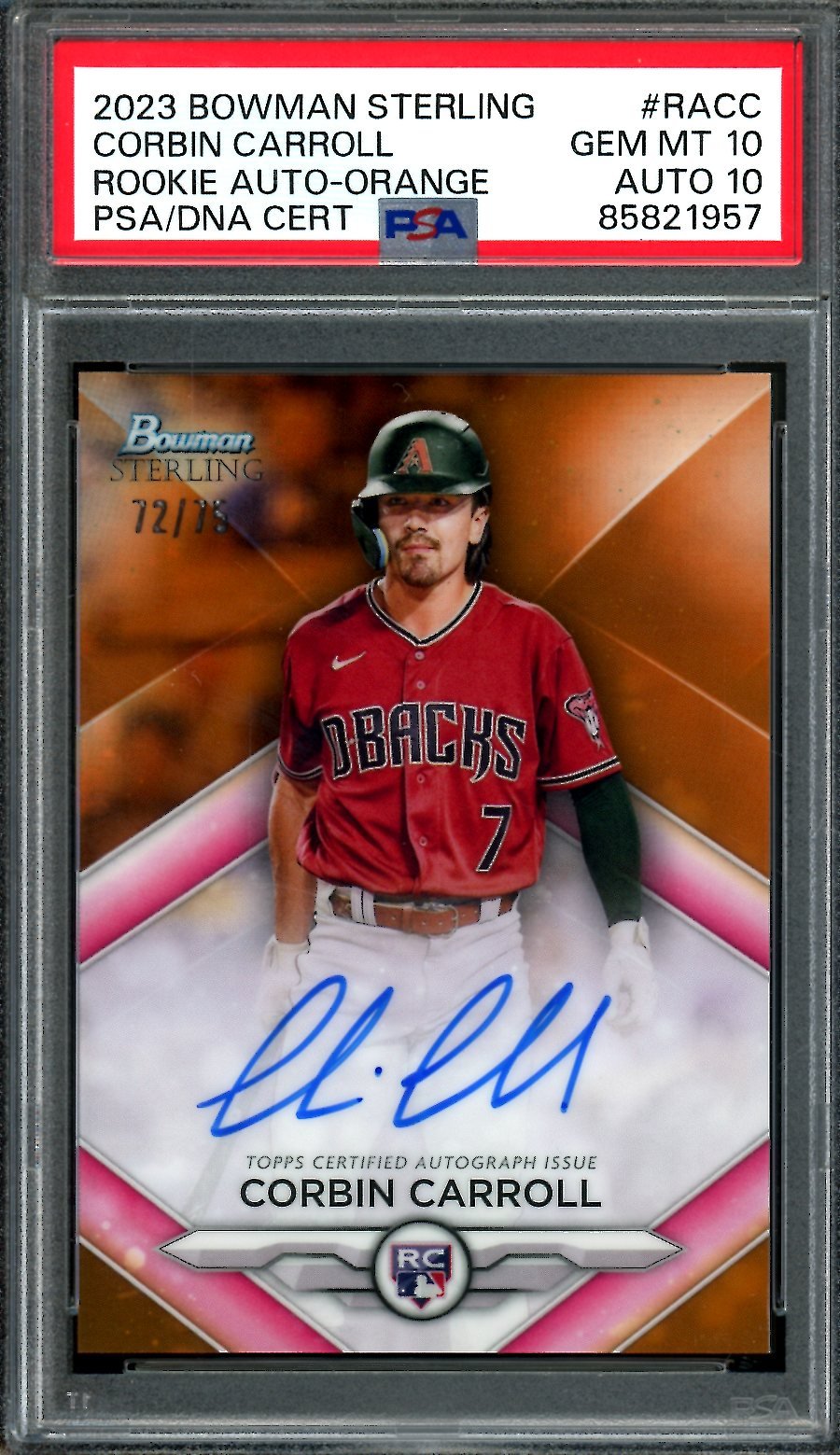 2023 Bowman Sterling Corbin Carroll Rookie Auto Orange /75 PSA 10 Diamondbacks