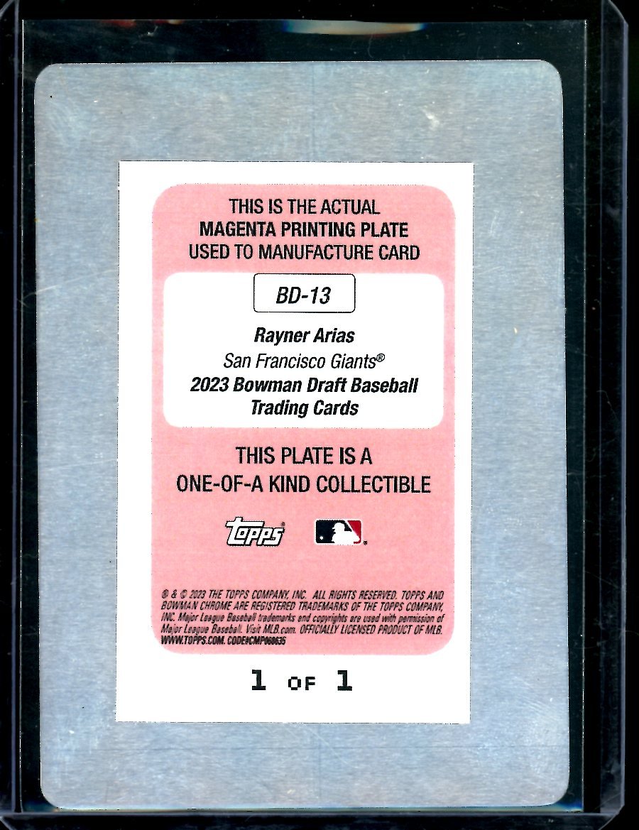 2023 Bowman Rayner Arias Printing Plate 1/1 Giants