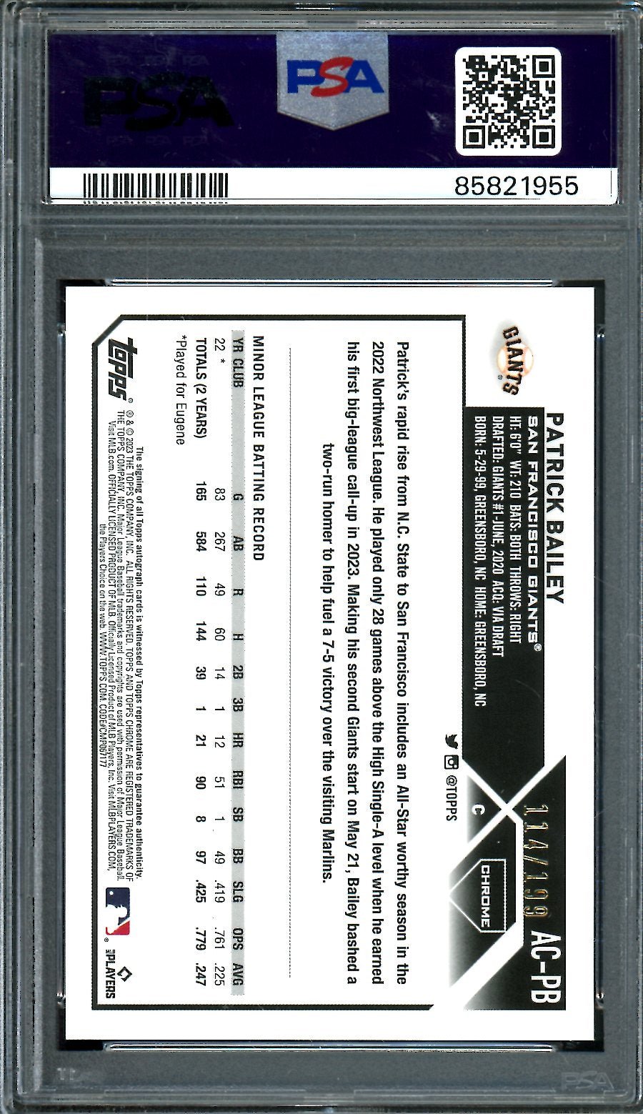 2023 Topps Chrome Patrick Bailey Rookie Auto Aqua Wave /199 PSA 10 Giants