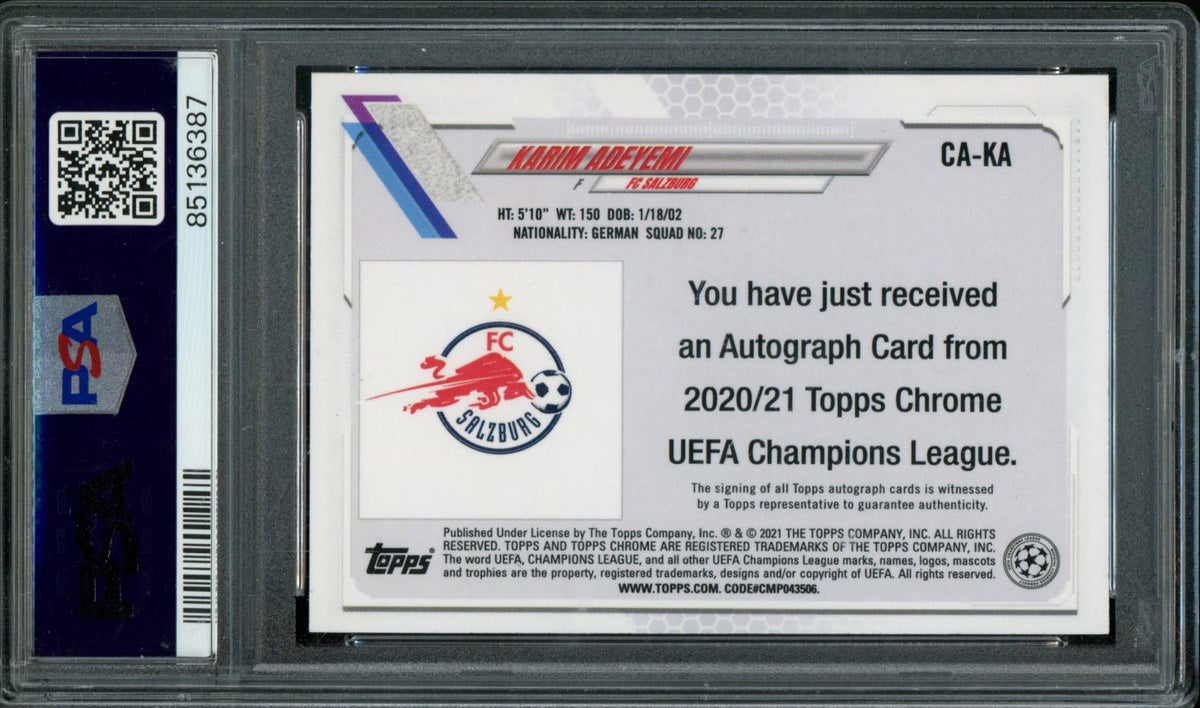 2020 Topps Chrome Karim Adeyemi Rookie Auto Orange Bubbles PSA 9 Salzburg FC