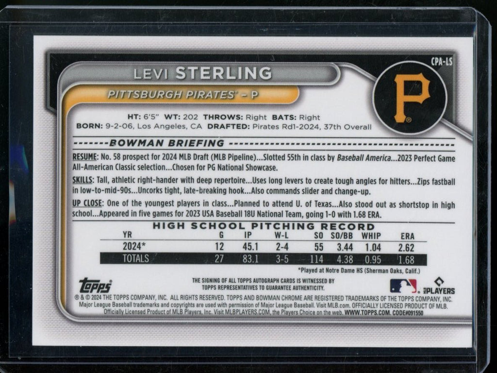 2024 Bowman Chrome Levi Sterling 1st Auto Blue /150 Pirates