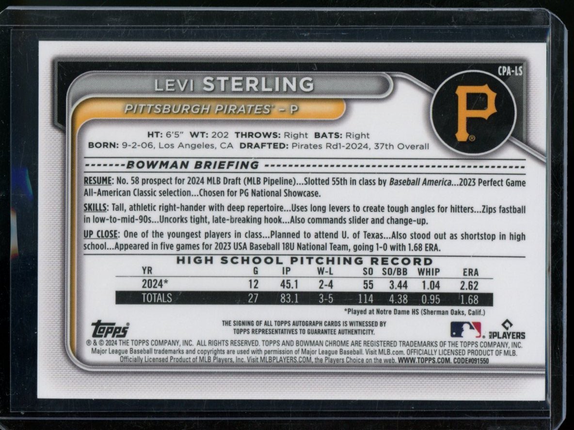 2024 Bowman Chrome Levi Sterling 1st Auto Blue /150 Pirates