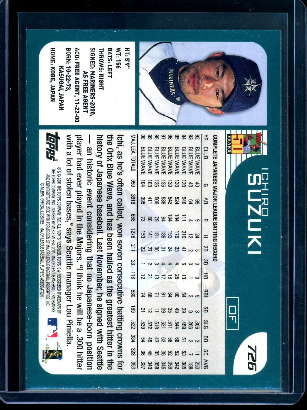 2001 Topps Flagship Ichiro Rookie Card #726 Mariners