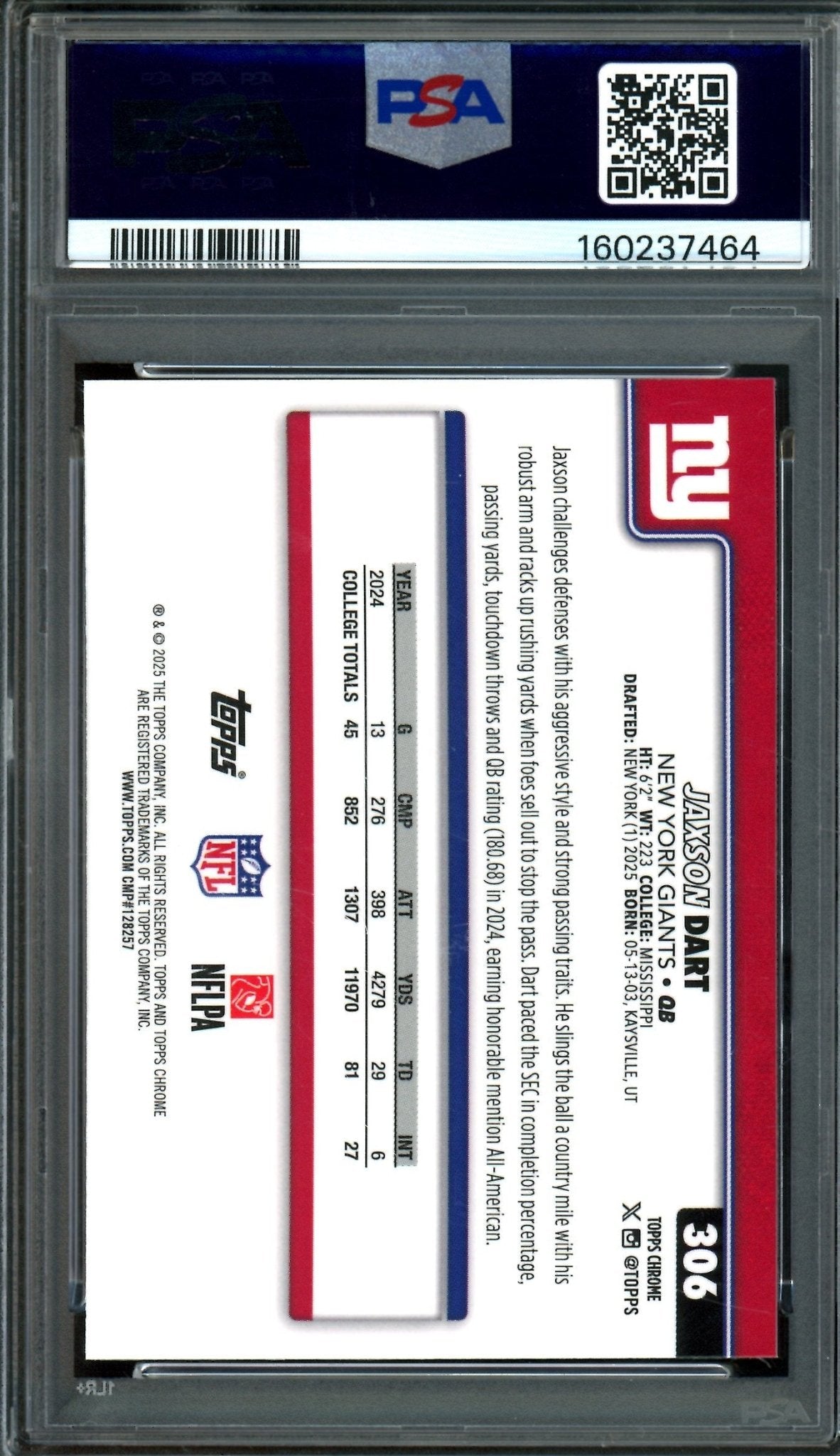 2025 Topps Chrome Jaxson Dart Raywave Rookie Refractor PSA 10 Giants