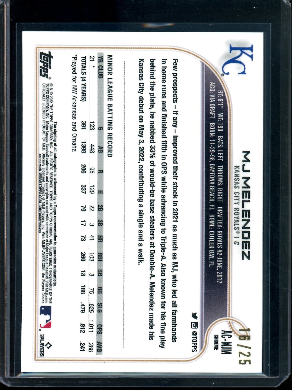 2022 Topps Chrome MJ Melendez Orange Rookie Autograph /25 Royals