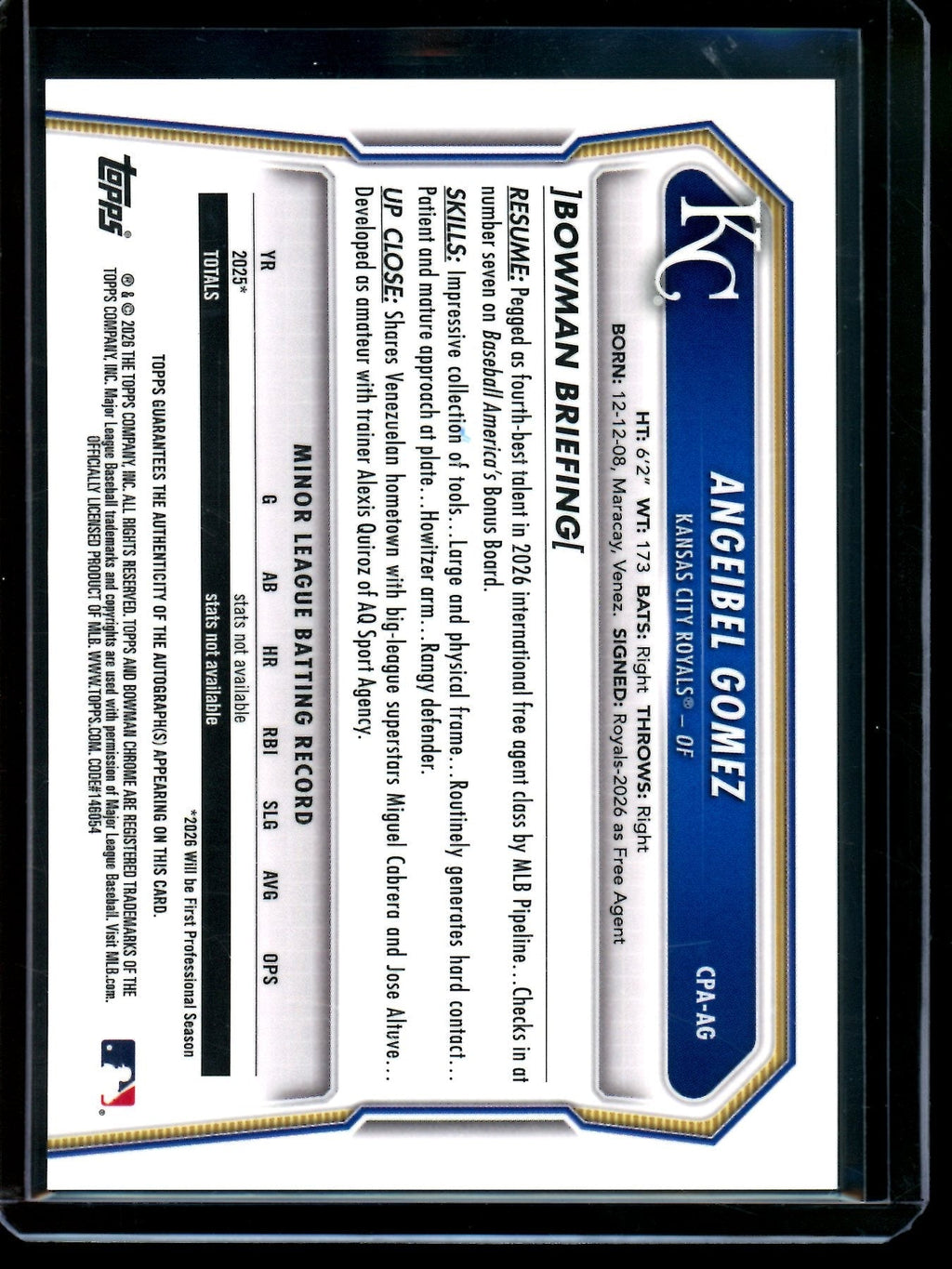 2026 Bowman Chrome Angeibel Gomez 1st Autograph Royals