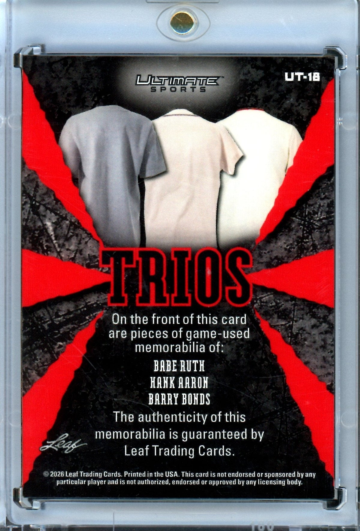 2026 Leaf Ultimate Babe Ruth / Hank Aaron / Barry Bonds Trios Relic /7