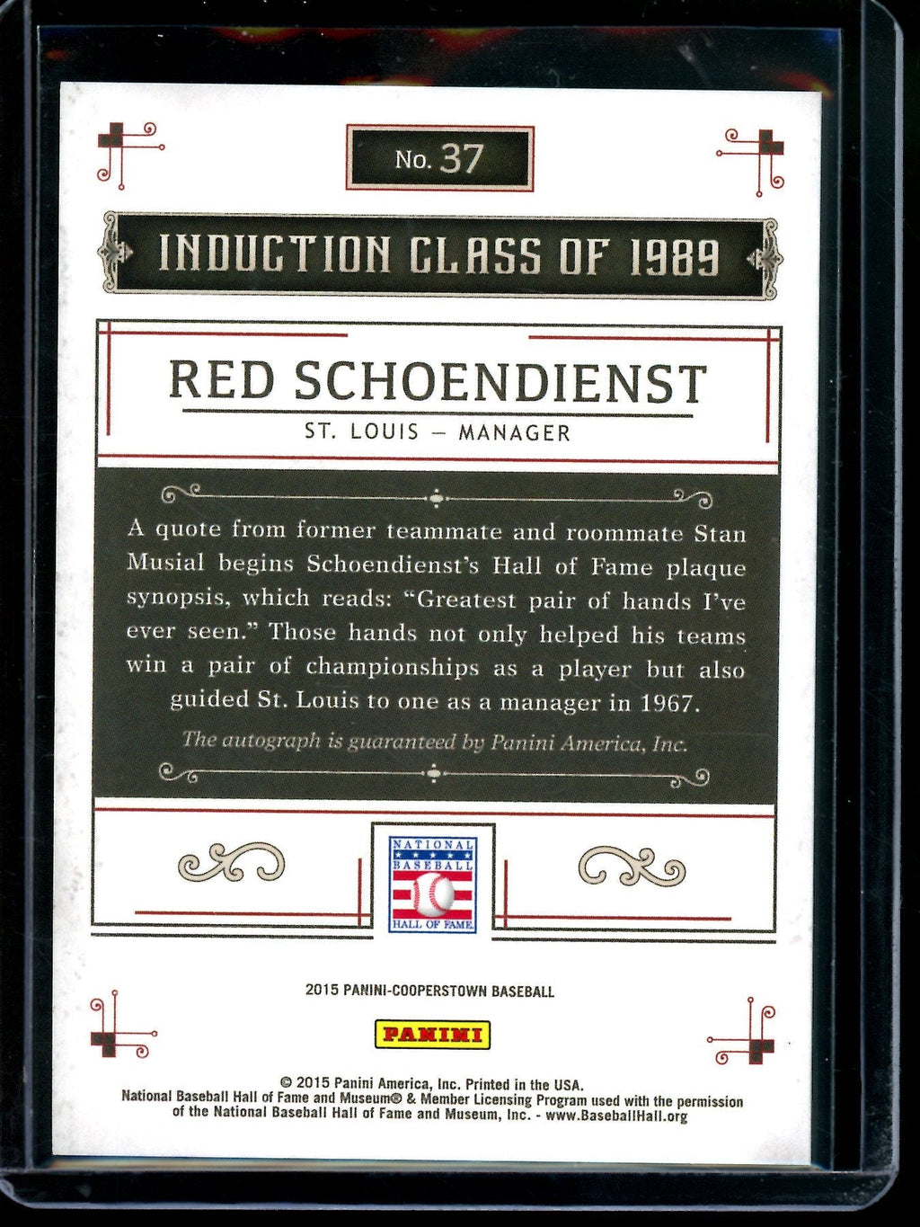 2015 Panini Cooperstown Red Schoendienst Autograph Cardinals