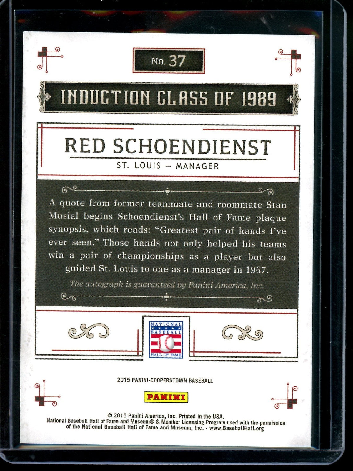 2015 Panini Cooperstown Red Schoendienst Autograph Cardinals
