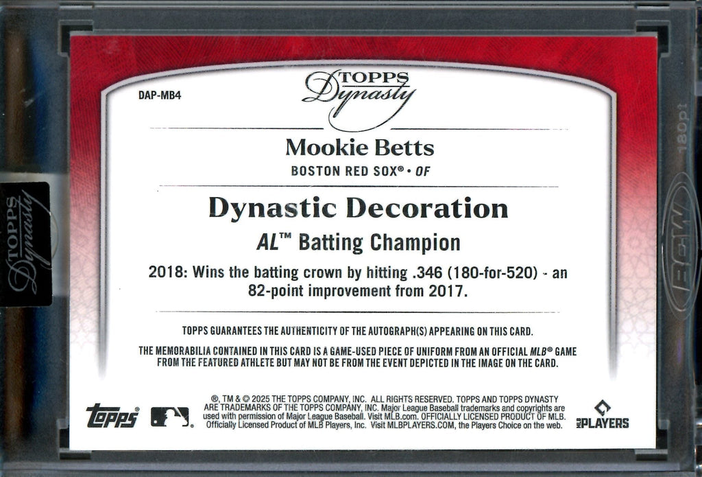 2025 Topps Dynasty Mookie Betts Dynastic Decoration /5 AL Batting Champion Patch Autograph Red Sox