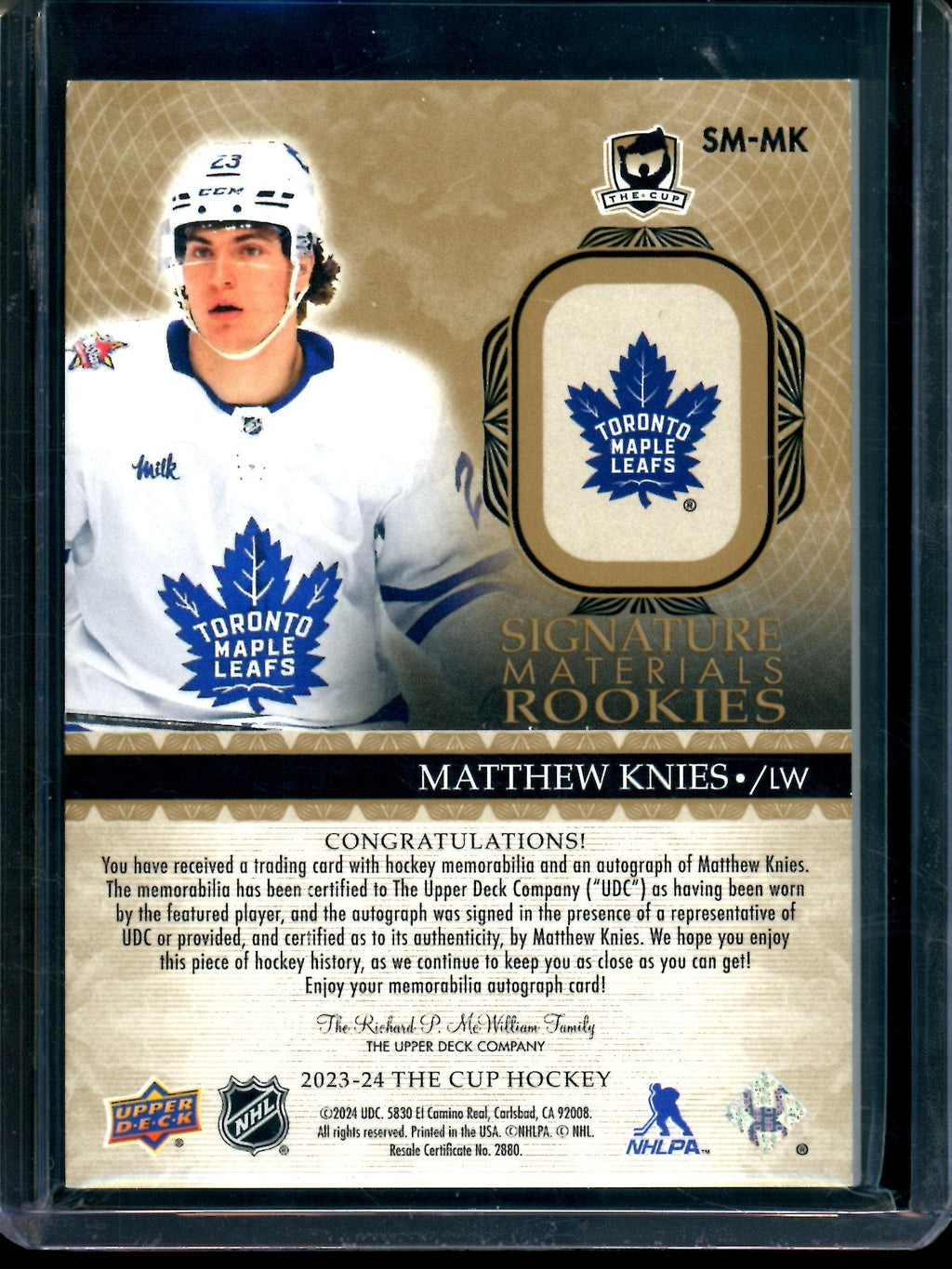 2023/24 Upper Deck The Cup Matthew Knies Signature Materials Rookies /99 Maple Leafs