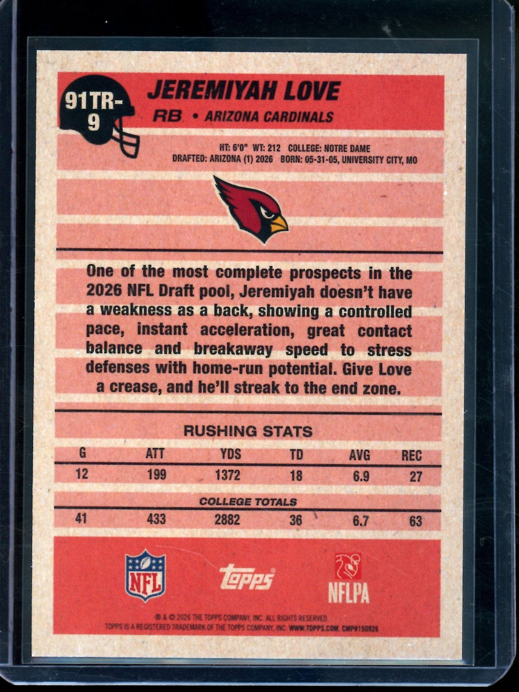 2026 Topps Flagship Jeremiyah Love 1991 Orange Rookie RC /25 Cardinals (Edge Damage)