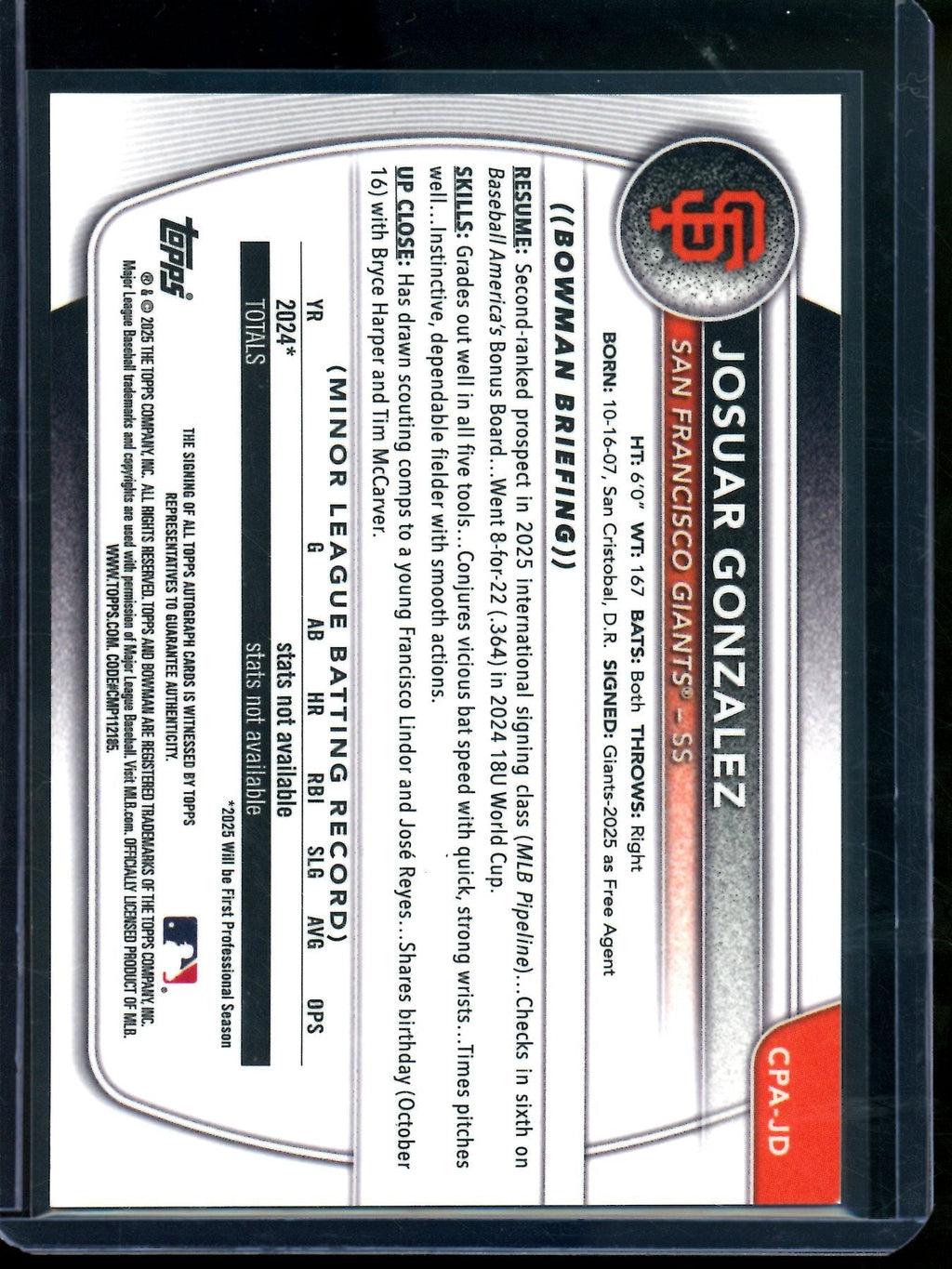 2025 Bowman Chrome Josuar Gonzalez 1st Green Lava Refractor Autograph /99 Giants