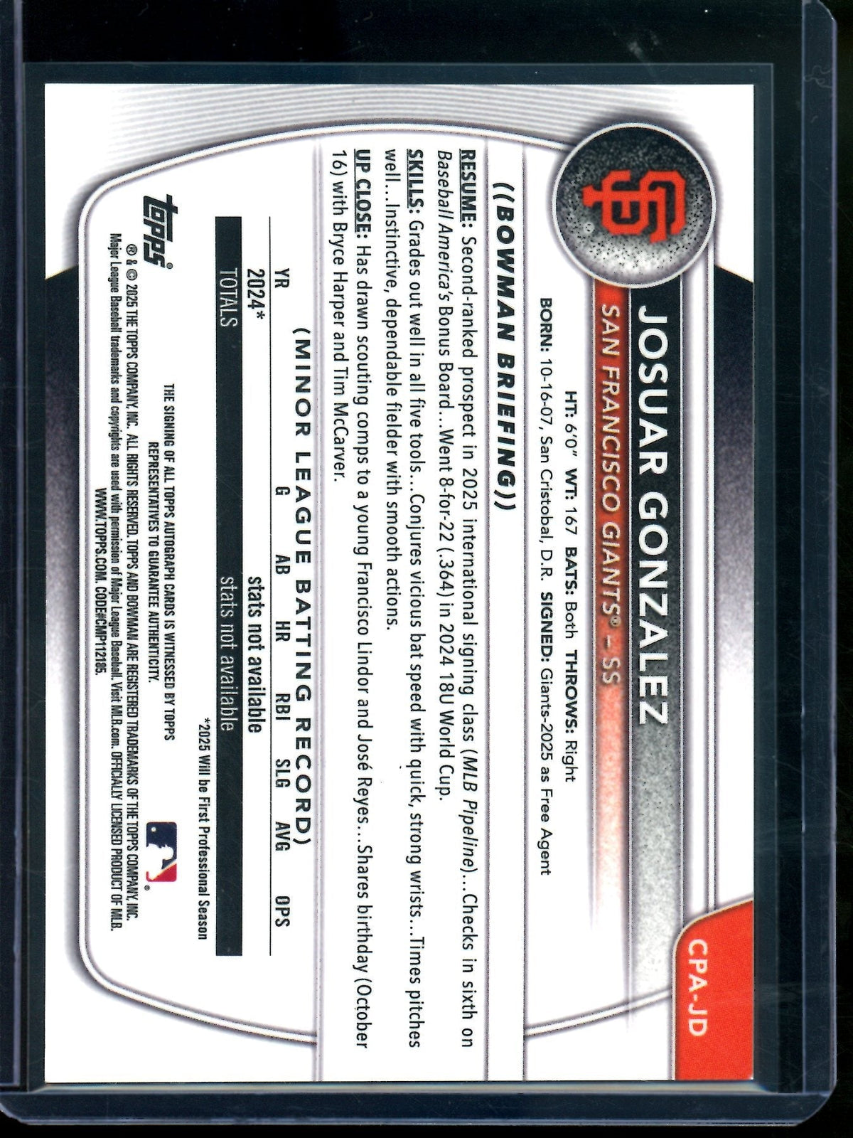 2025 Bowman Chrome Josuar Gonzalez 1st Green Lava Refractor Autograph /99 Giants
